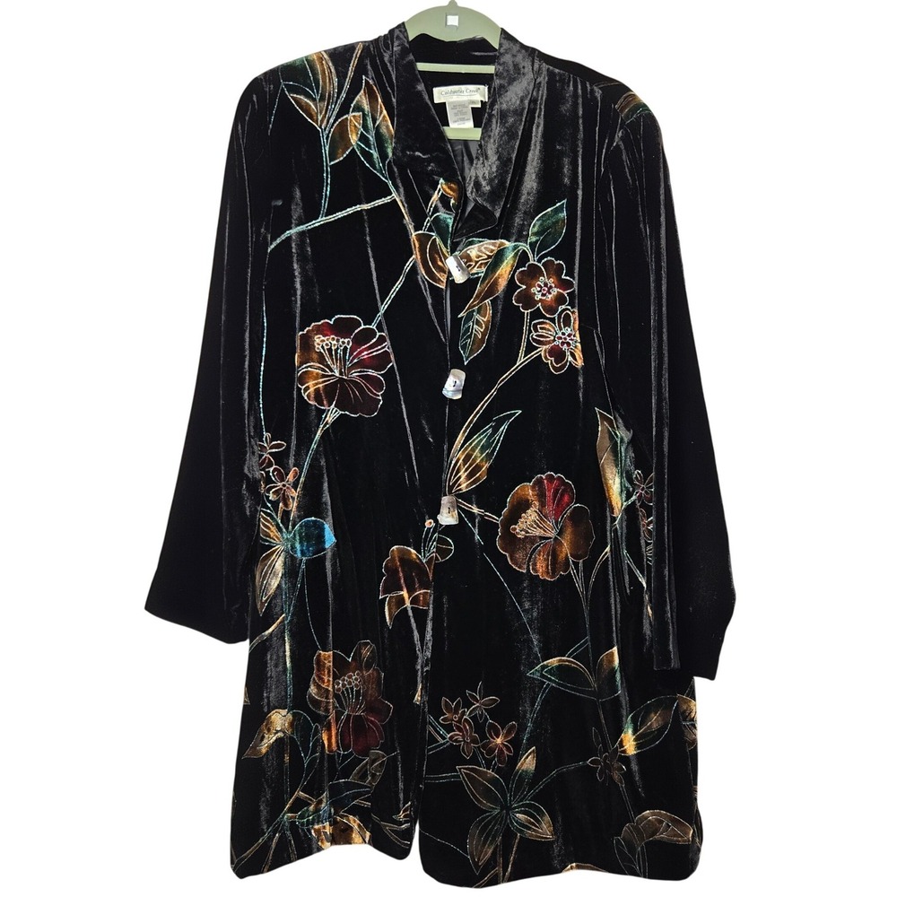 Coldwater Creek Black Velvet Floral Duster Jacket Petite Large Boho Art Kimono